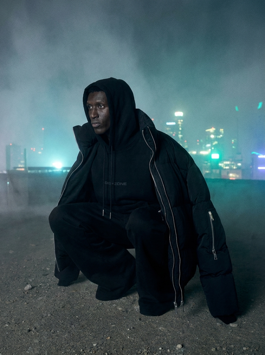 Editorial lookbook shot, matte black fit in rooftop fog