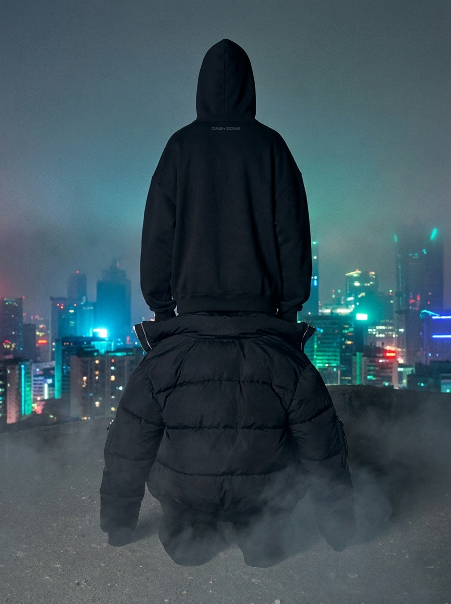 Editorial lookbook shot, full silhouette against city glow